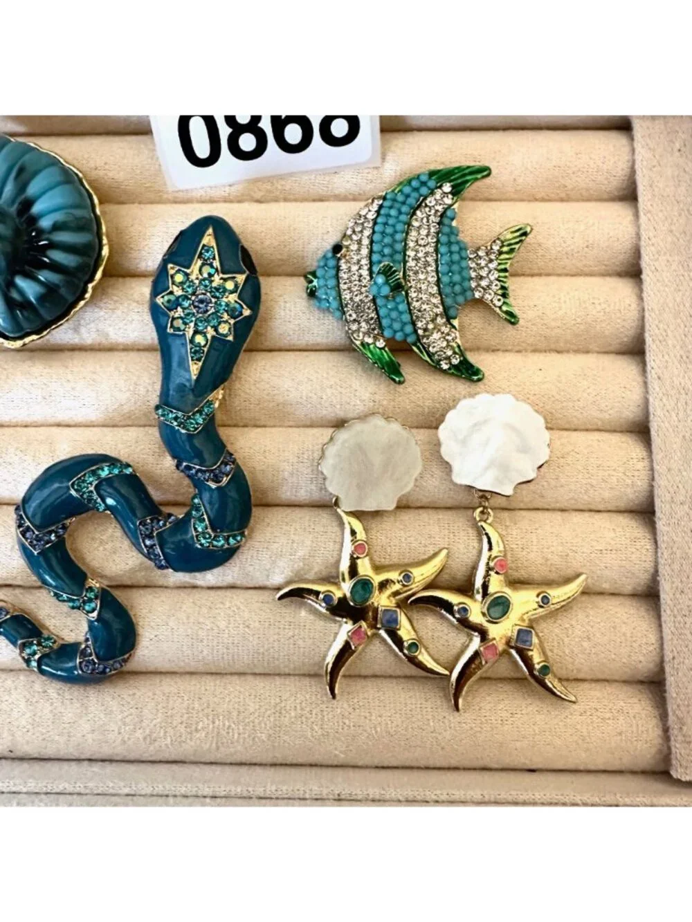 Costume Jewelry Lot Snake Pendant Brooch Pin Pierced Earrings Fish Shells Beach